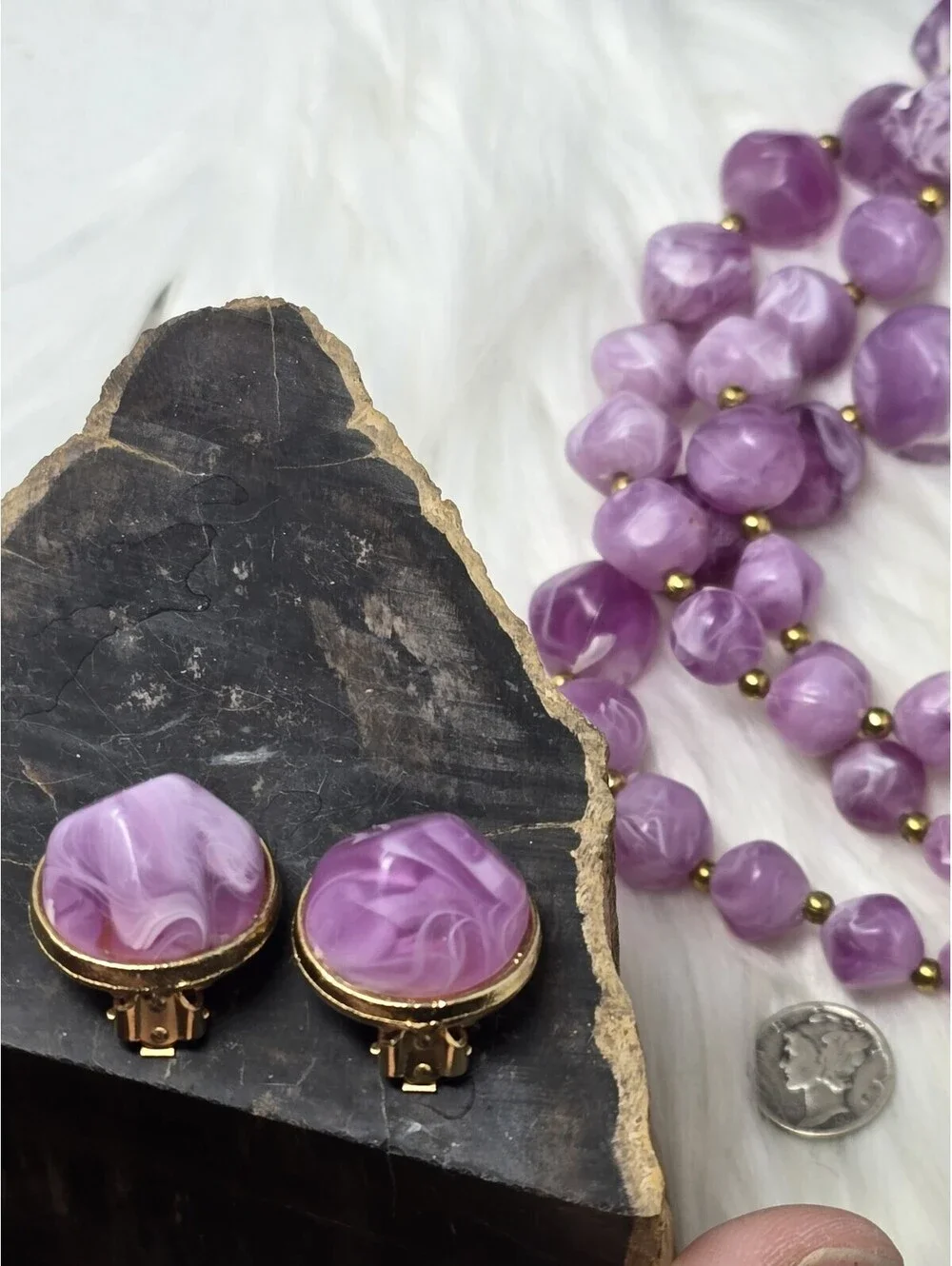 Vtg Kramer Signed Purple Marbled Lucite Bead Necklace Set